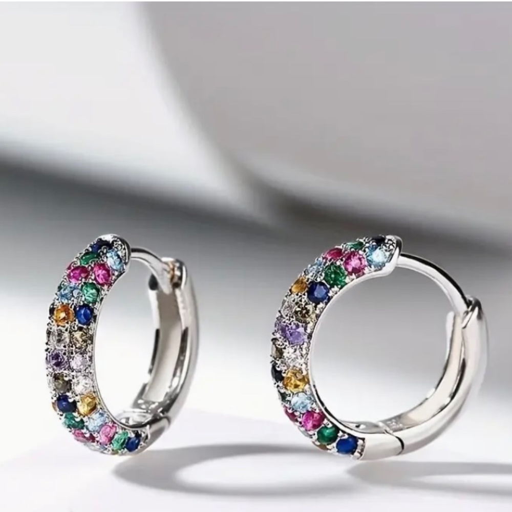 Silver Plated Mini Hoop Earrings Sparkling colorful Zircon Gem - Picture 7 of 10